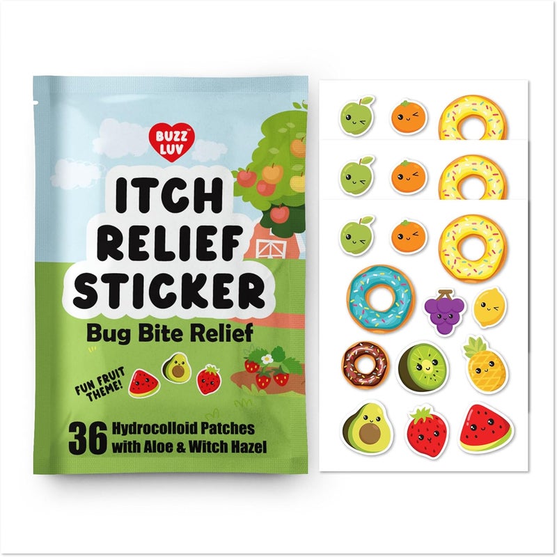 BUZZLUV Hydrocolloid Itch Relief Patch, for Mosquitos, Ticks, Midges, Sandflies Bug bite Relief, Anti-Itch Patch with Aloe and Witch Hazel, Insect bite Relief, Kid-Friendly, Natural Fruit Theme - Image 1